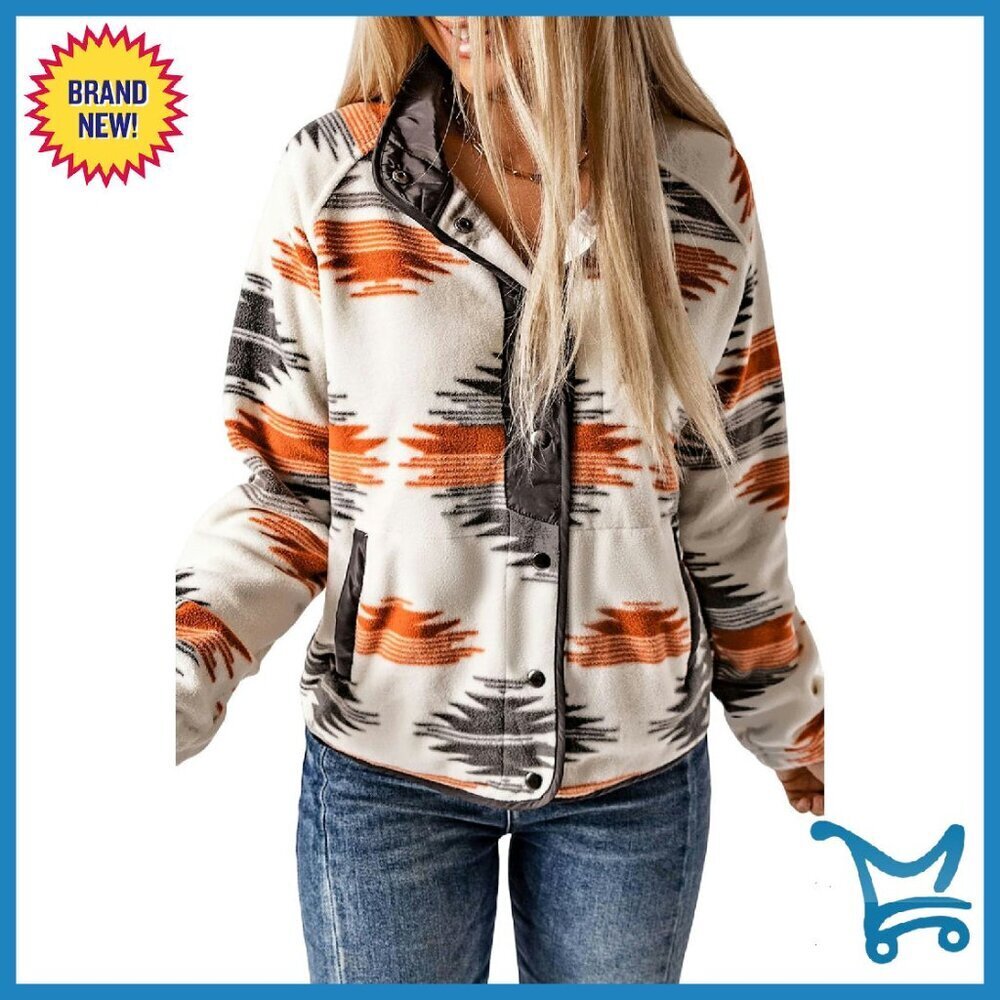 Women's Fleece Jacket Snap Button Shacket Aztec Print Pockets